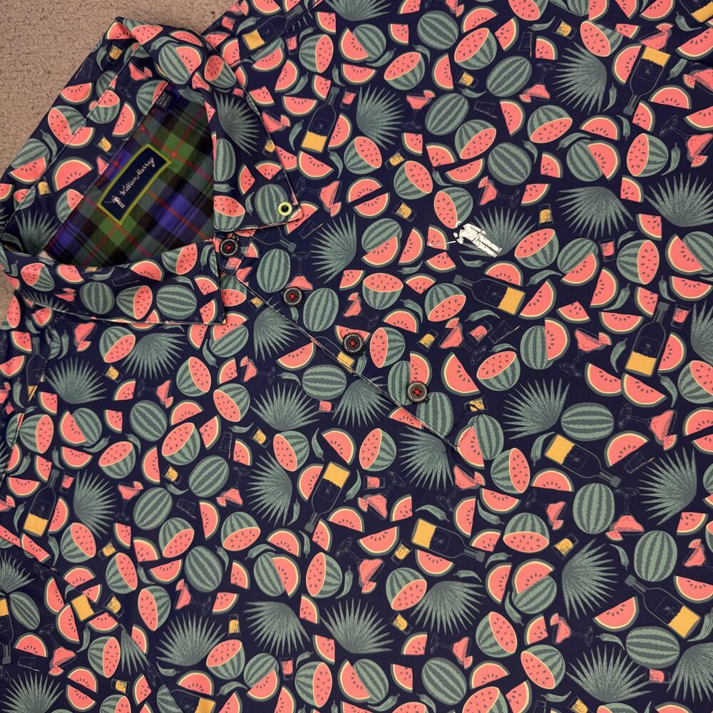 William Murray Shirt Mens XL Blue Watermelon Golf Drinks Print Polo Fun Summer